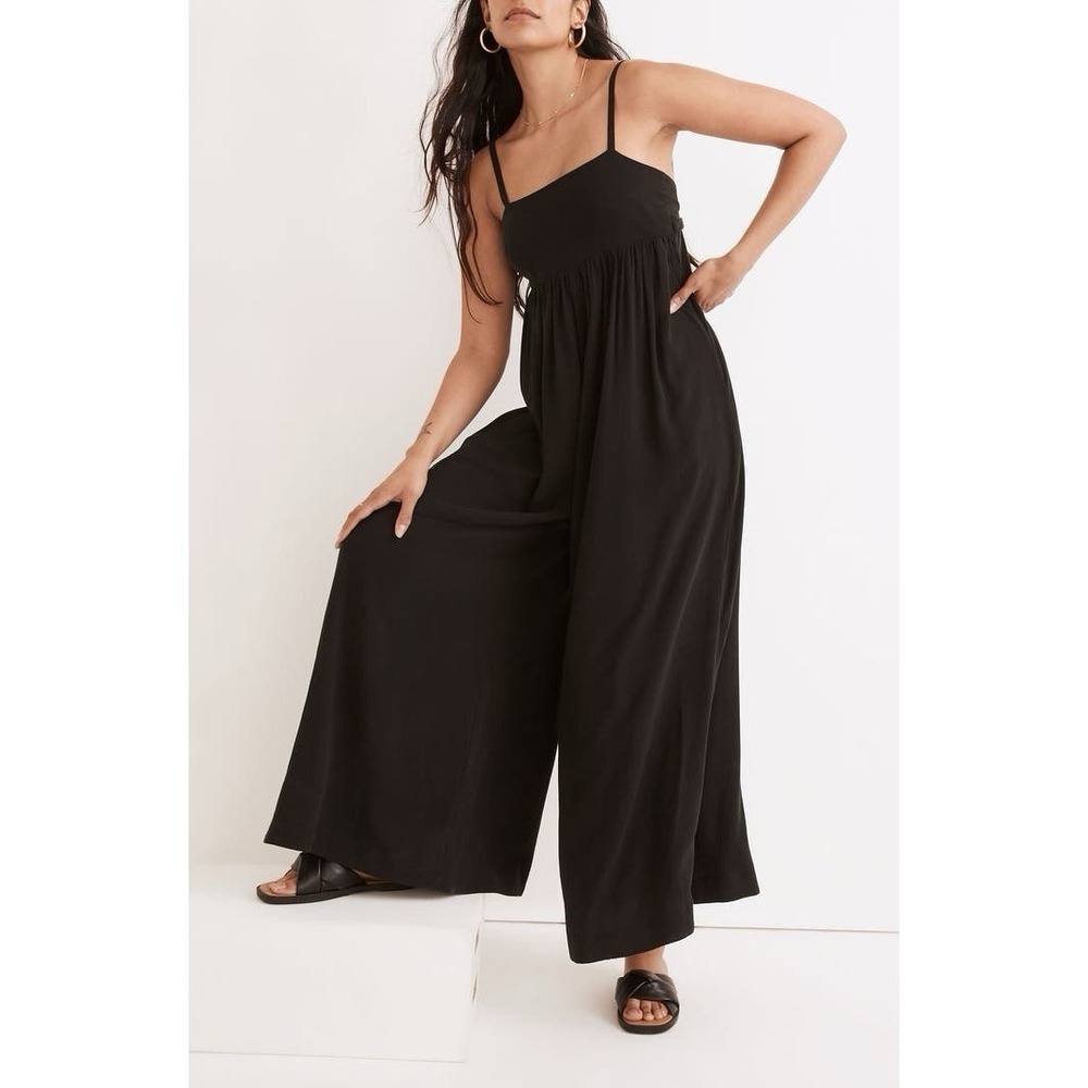 Madewell Tie Back Wide Leg Jumpsuit Black Lyocell Size 4 Flowy Minimal Boho Chic